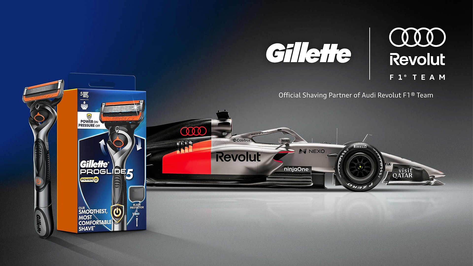 รูปโปรโมตมีดโกน Gillette ProGlide5 Power พร้อมแพ็กเกจสินค้า อยู่ด้านหน้ารถแข่ง Audi Revolut F1 Team บนพื้นหลังโทนสีดำและน้ำเงิน พร้อมข้อความ “Official Shaving Partner of Audi Revolut F1 Team” - Image