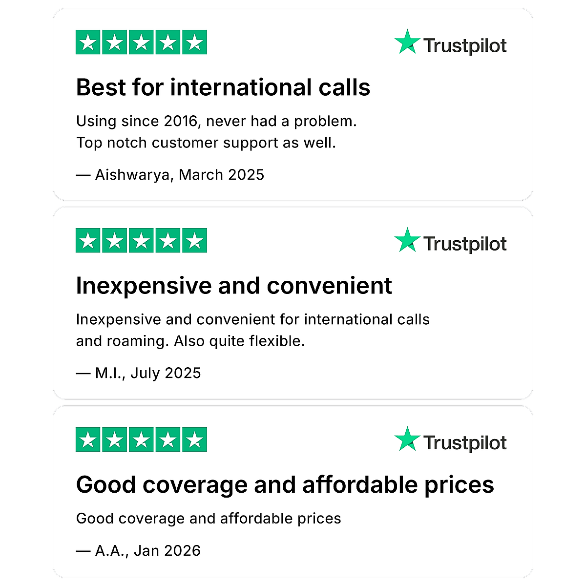 Three 5-star Trustpilot reviews: ‘Best for international calls,’ ‘Inexpensive and convenient,’ and ‘Good coverage and affordable prices.