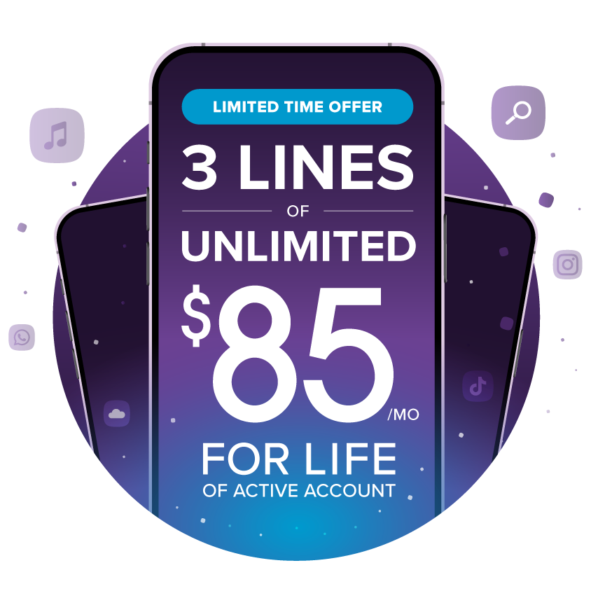 Limited Time Offer: 3 lines of Unlimited for $85/mo for life of active account