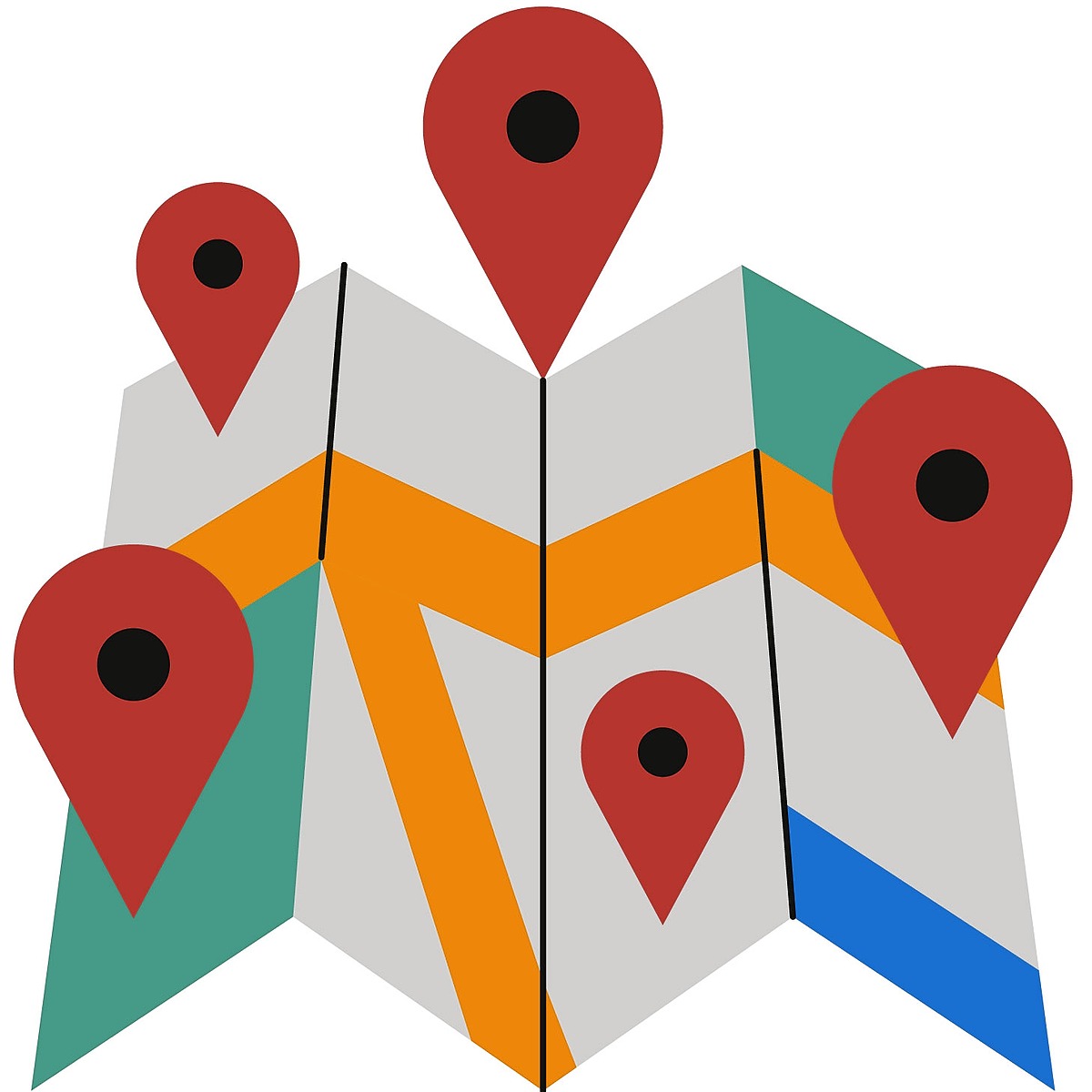 A map with five red location pin icons. This represents the five business locations