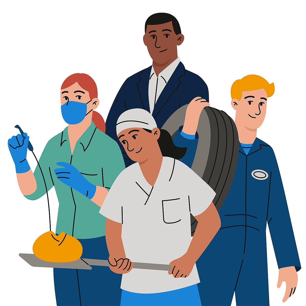 A group of diverse people in different professional attire, including a person in medical scrubs, a person holding a large tire, a person in a chef's hat holding bread, and a person in a suit, representing various types of businesses.
