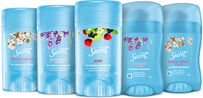 Variedade de desodorantes Ge da marca Secret, incluindo fragrâncias de 'Powder Protect' com flores brancas, 'pH Balanced' com lavanda, 'Berry' com frutas vermelhas e 'pH Balanced'