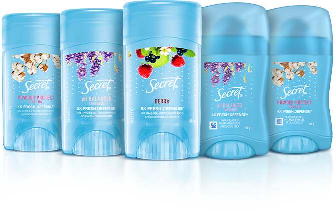 Variedade de desodorantes g da marca Secret, incluindo fragrâncias de Powder Protect, pH Balanced com lavanda, Berry.